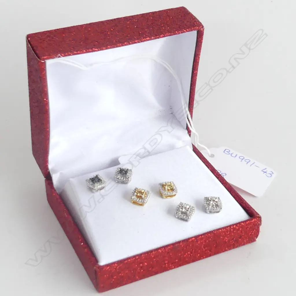 3 PR DIAMOND STUD EARRINGS;  (SILVER METAL) Image 1++