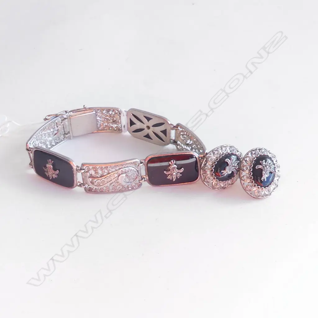 VINTAGE ART NOUVEAU GERMAN STG SILVER & MARCASITE BRACELET & EARRINGS Image 1++