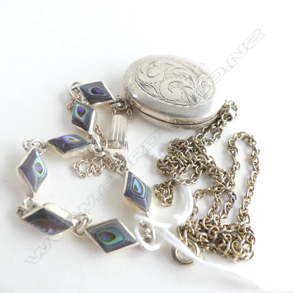 STG SILVER & PAUA BRACELET & STG SILVER LOCKET & CHAIN Image 1++