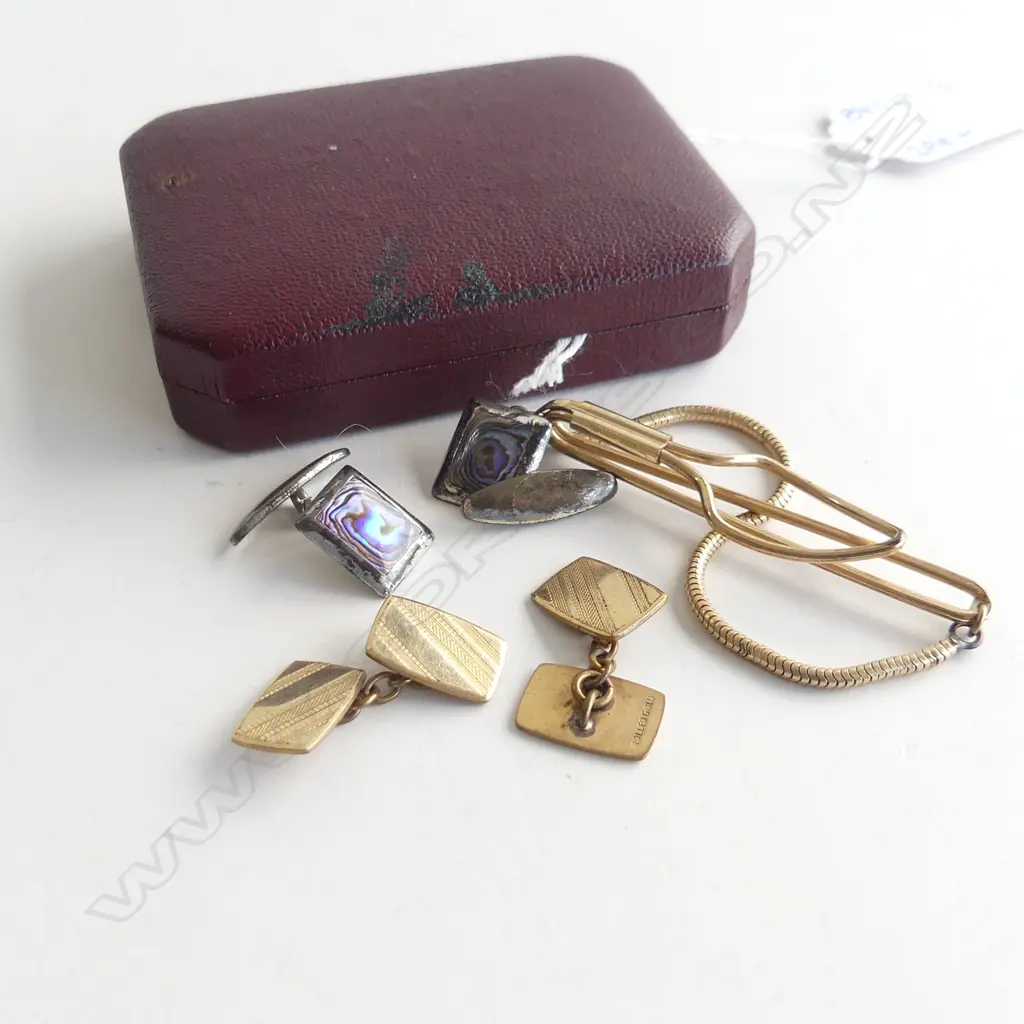 ROLLED GOLD TIE PIN & CHAIN + PR ROLLED GOLD CUFFLINKS & STG SILVER & PAUA CUFFLINKS  Image 1++