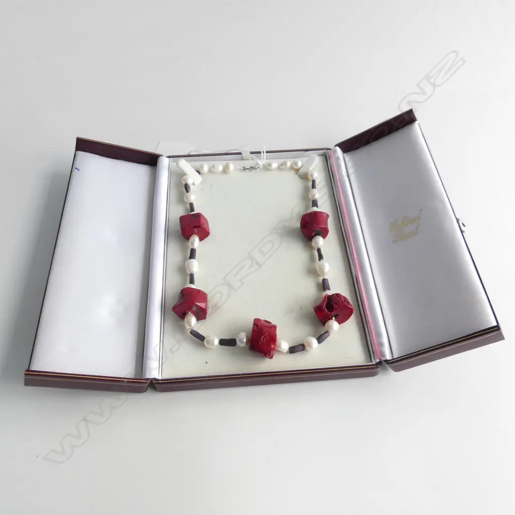CHUNCKY RED CORAL & PEARL NECKLACE, 925 SILVER CATCH - IN ORIGINAL BOX  Image 1++
