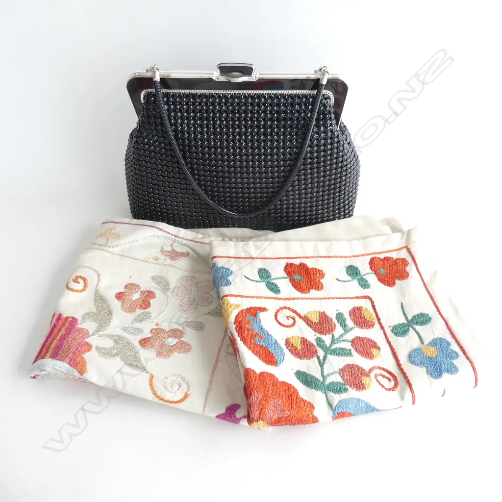 OROTON BLACK MESH BAG IN ORIG. BOX + PR MEXICAN EMBROIDERED CUSHION COVERS Image 1++