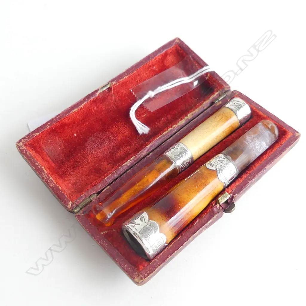 PR STG SILVER, AMBER & MEERSCHAUM CIGAR HOLDERS, BIRM 1916 - IN CASE L 90MM Image 1++