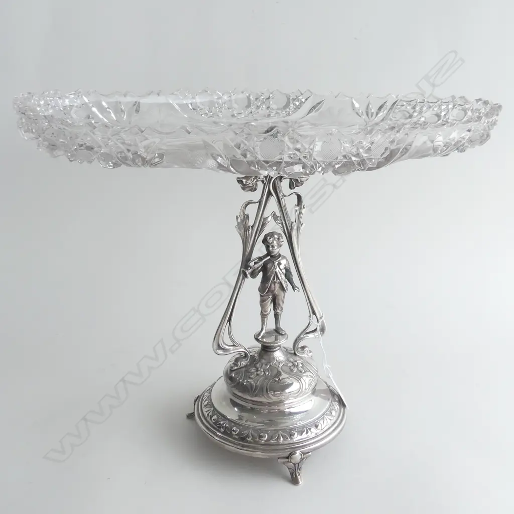 WMF ART NOUVEAU SILVER PLATE & CRYSTAL FIGURAL TAZZA; BOY BLOWING HORN, L. 365 H. 280MM Image 1++