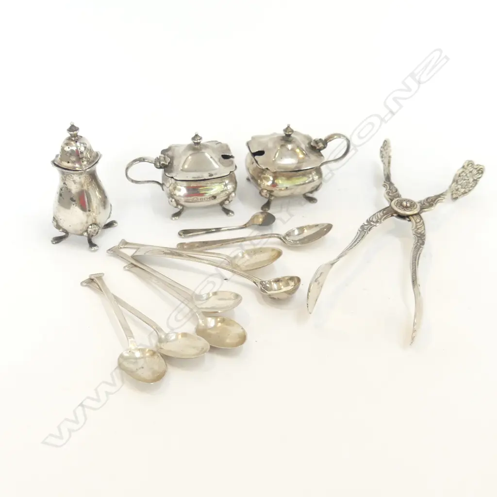 171 GRAMS ASST. SILVER INCL. 3 CONDIMENTS, 8 SPOONS (5 NAIL HEAD 1 GEORGIAN) + EP SWEDISH SUGAR TONGS Image 1++