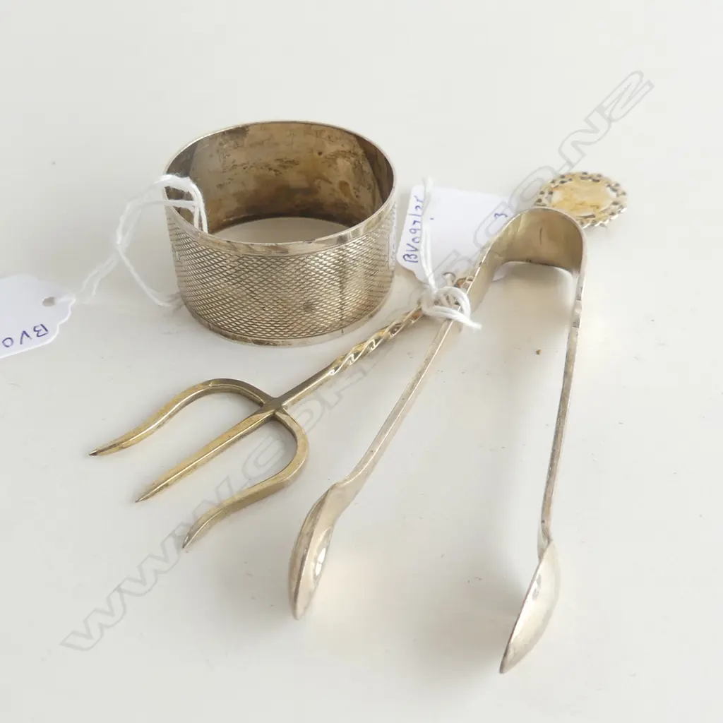 S/S NAPKIN HOLDER TONGS & NZ SILVER PICKLE FORK Image 1++