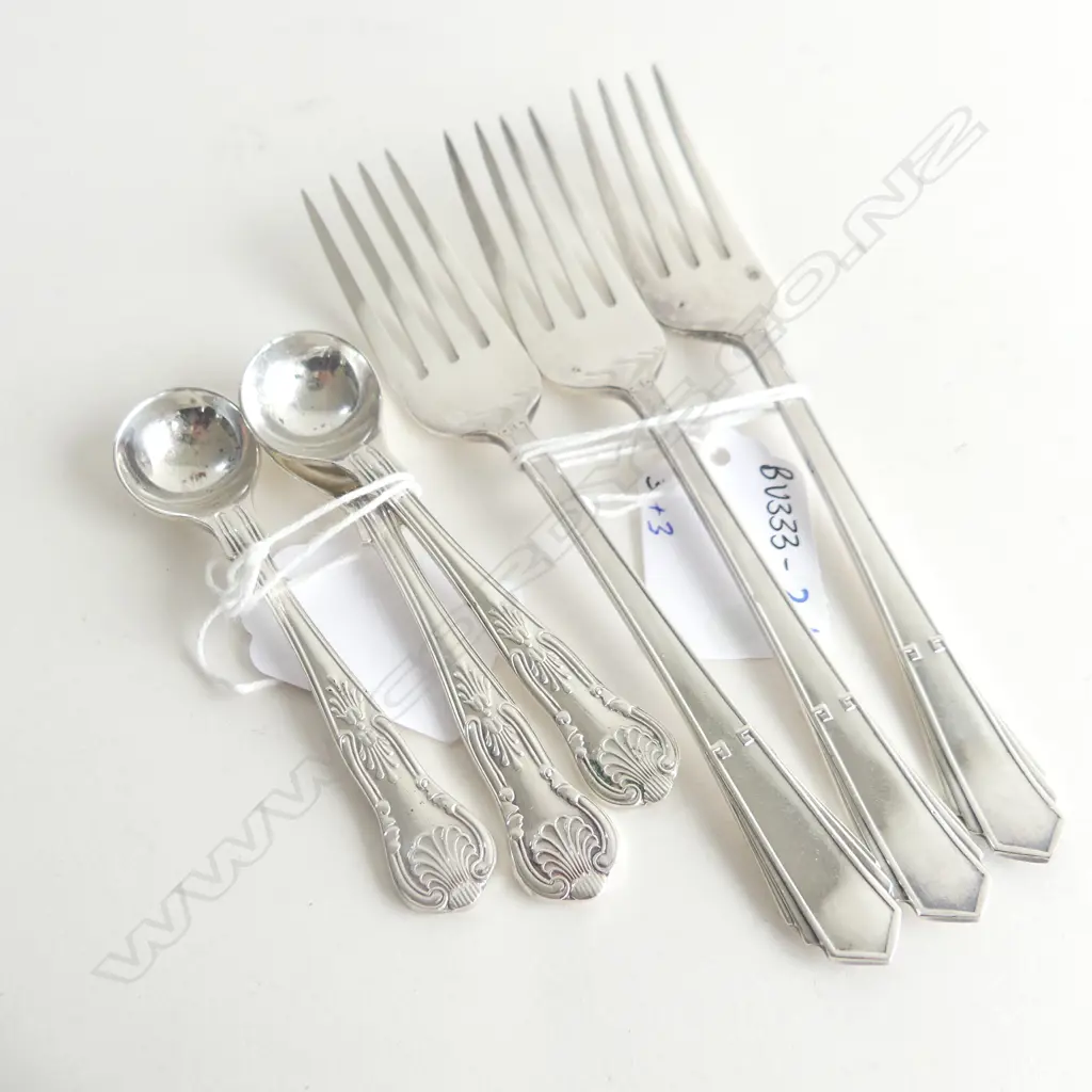 THREE S/PLATE SALT/MUSTARD SPOONS + 3 small FORKS Art Deco Image 1++