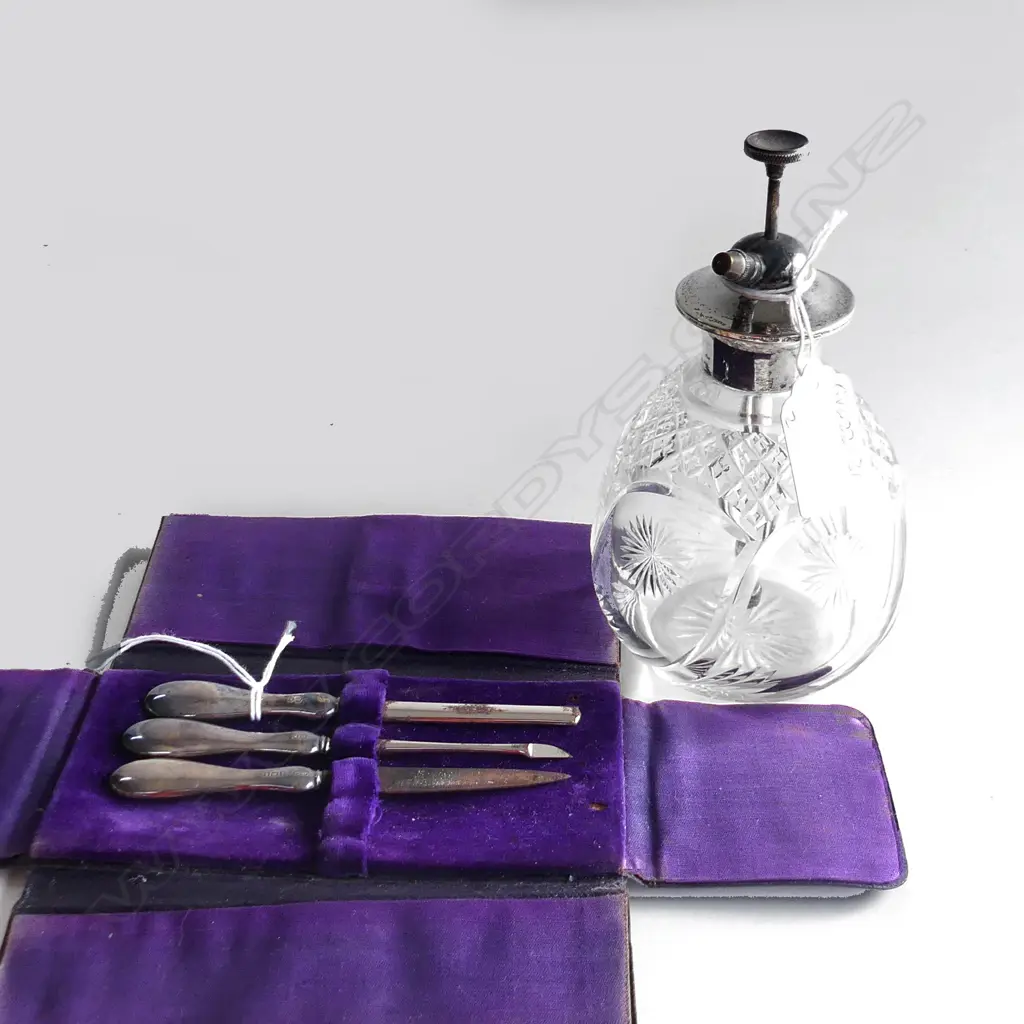 EDW SILVER & CUT CRYSTAL ATOMISER SCENT BOTTLE + SILVER MANICURE SET in leather case-0- Image 1++