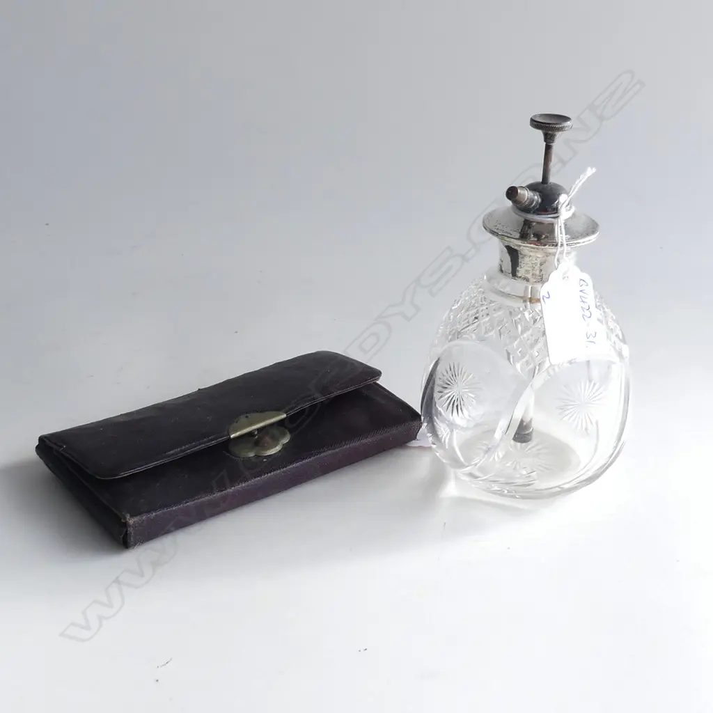 EDW SILVER & CUT CRYSTAL ATOMISER SCENT BOTTLE + SILVER MANICURE SET in leather case-0- Image 1++