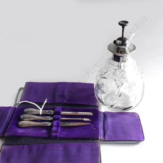 EDW SILVER & CUT CRYSTAL ATOMISER SCENT BOTTLE + SILVER MANICURE SET in leather case-0-