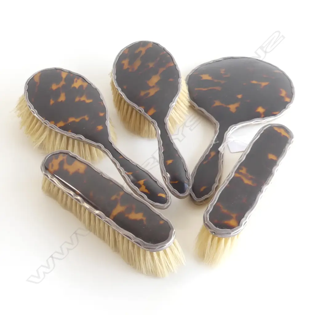 5 PC VINTAGE TORTOISESHELL & STG SILVER DRESSING TABLE SET; 4 ASST BRUSHES & HAND MIRROR BIRM. 1925 Image 1++