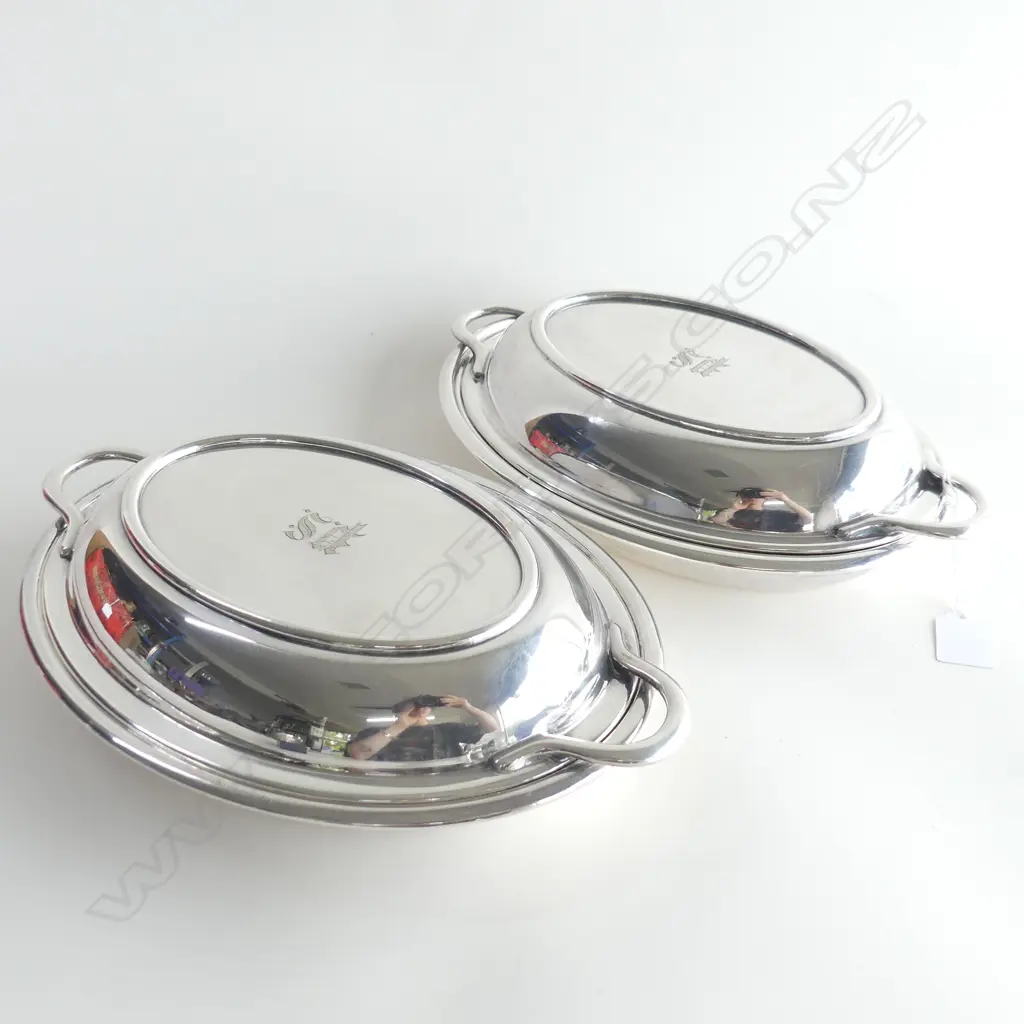 PAIR SILVER PLATE LIDDED ENTRE DISHES heavy quality Walker & Hall engraved 'PS' Image 1++