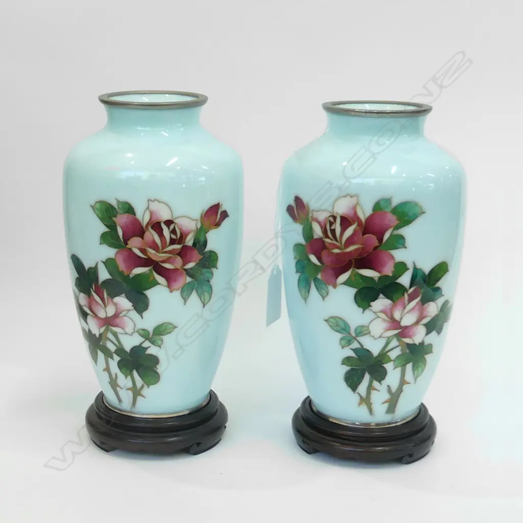 PR PALE BLUE CLOISONNE VASES ON STANDS H.200mm Image 1++