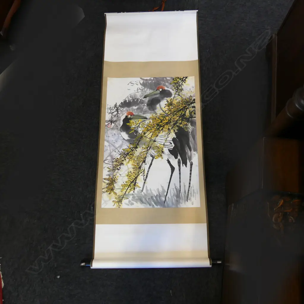 CHINESE SCROLL; 2 CRANES, BOXED Image 1++