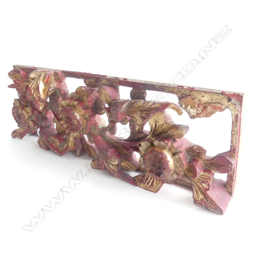 VINTAGE CARVED WOODEN CHINESE WEDDING PANEL; RED & GILT 325x105mm Image 1++