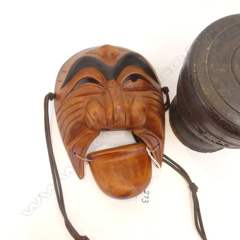 2 CARVED WOODEN ORIENTAL PCES; MASK & BLACK LIDDED CONTAINER H.210mm Image 1++