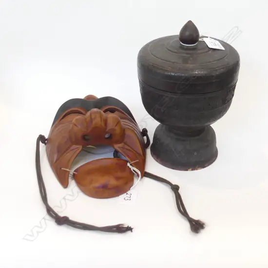 2 CARVED WOODEN ORIENTAL PCES; MASK & BLACK LIDDED CONTAINER H.210mm