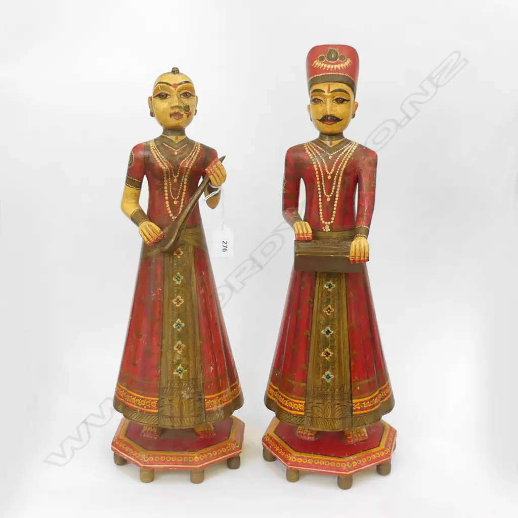 PR HAND PAINTED WOODEN INDIAN MUSICIAN FIGURES H.480mm (lute top broken) Image 1++