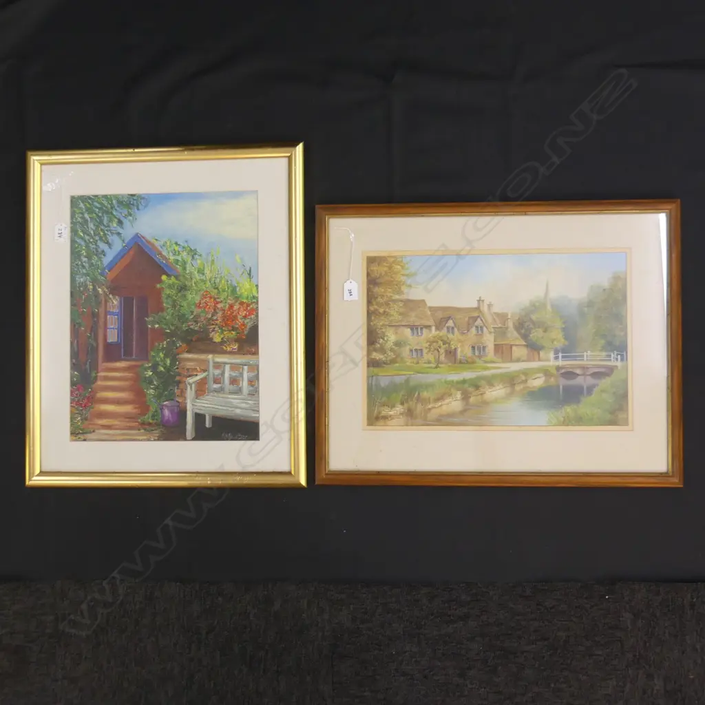 2 ARTWORKS; K H BAXTER GARDEN SHED OIL 445x345mm + OLD ENGLISH VILLAGE SCENE 300x450mm Image 1++