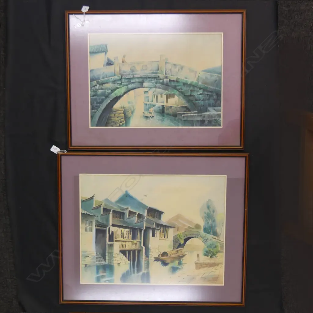 2 SIGNED W/Cs; ORIENTAL VILLAGES w. BRIDGES 360x515 & 450x580mm Image 1++