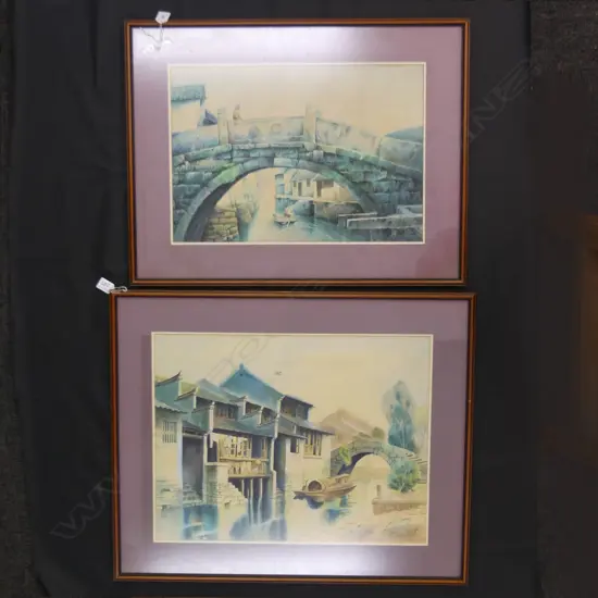 2 SIGNED W/Cs; ORIENTAL VILLAGES w. BRIDGES 360x515 & 450x580mm