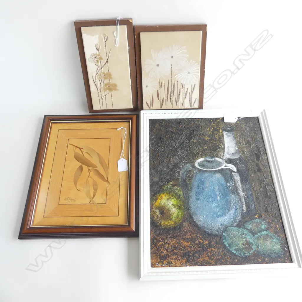 OIL ON BOARD STILL LIFE, SIGNED, WOODEN INLAID LEAF ART, SIGNED (210 X 280MM) + 2 WALL TILES  Image 1++