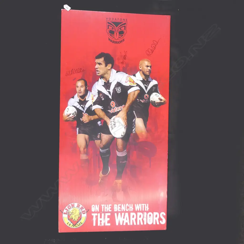 VODAFONE WARRIORS POSTER SIGNED BY 3 PLAYERS; STACEY JONES, RUBEN WIKI & MONTY BETHAM 1200x600mm  Image 1++