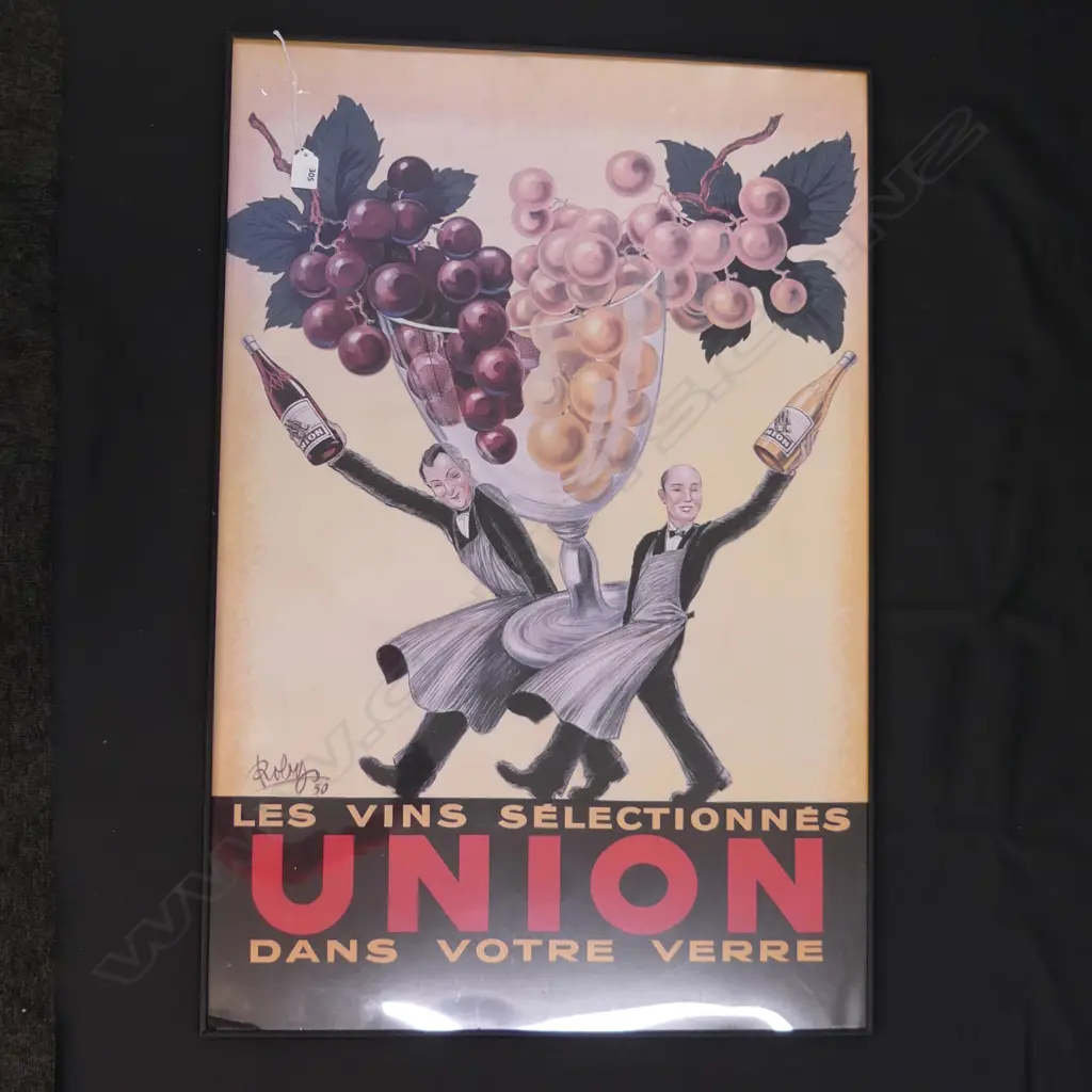 FRAMED FRENCH WINE PRINT 'LES VINS SELECTIONNES UNION DANS VOTRE VERRE' 905x600mm AF CNR DAMAGED Image 1++