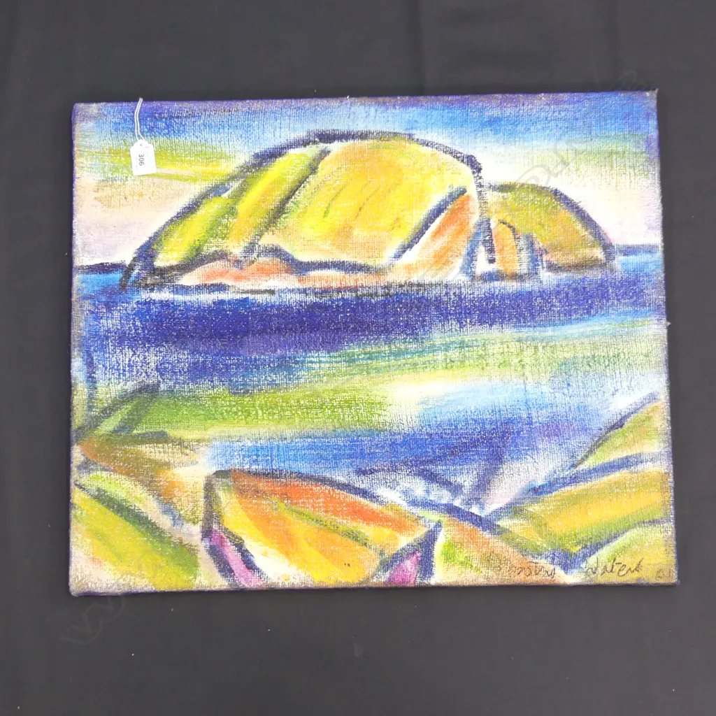 DOROTHY WATERS (NZ 1919-2012) HAHEI COROMANDEL OIL ON HESSIAN 505x605mm  Image 1++