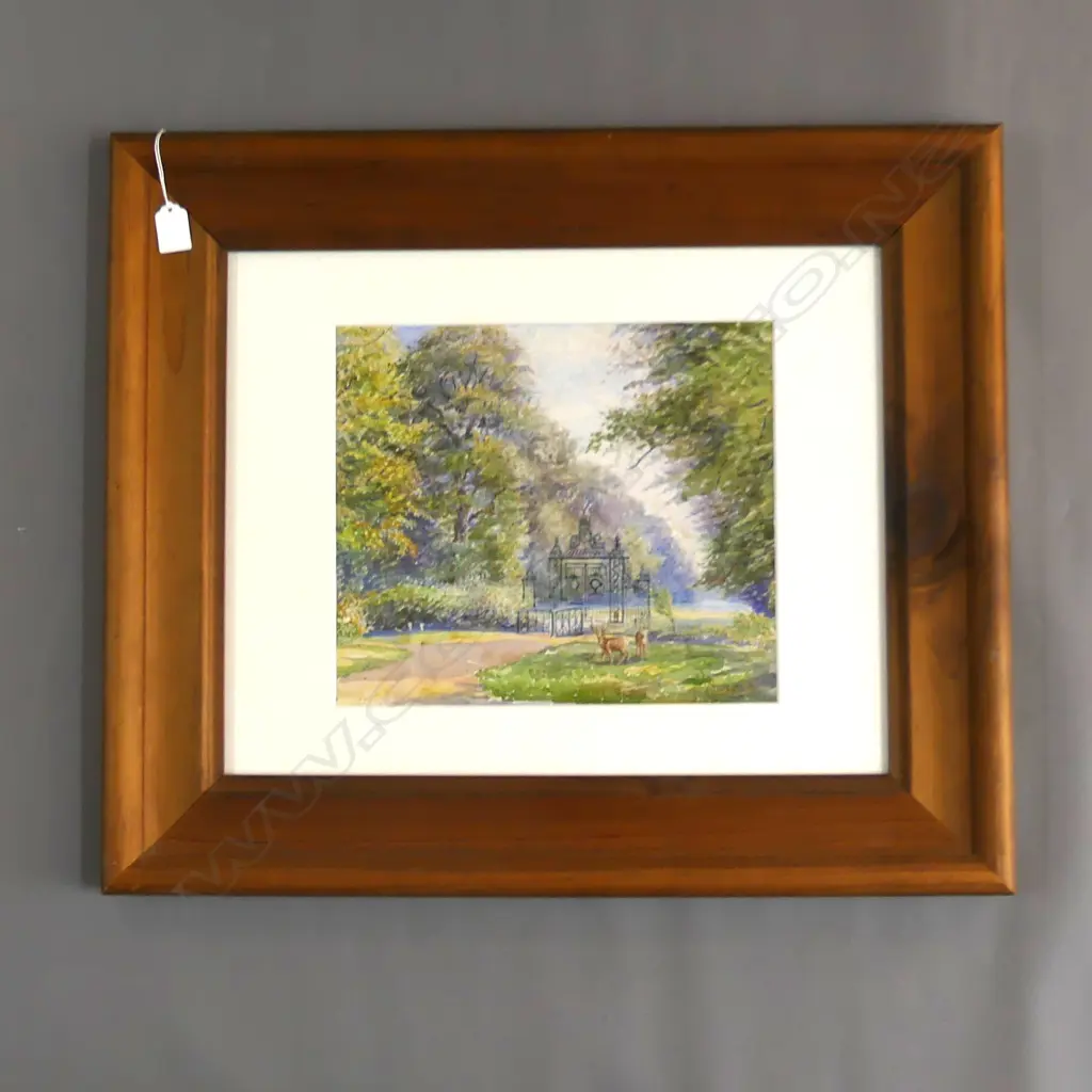 SIGNED W/C TREED LANDSCAPE w. GATES & DEER 280x330mm Image 1++