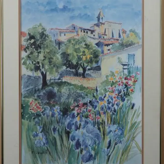 VALENTIN, F, European Village with Trees and Flowers, W/C, signed, 520mm x 370mm