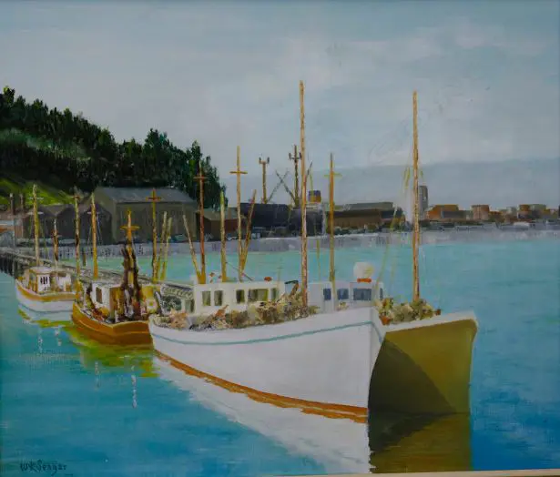 SEAGAR, W.K. (NZ), Fishing Boats, Wellington, Oil on board, signed & dated 1973, 500mm x 600mm Image 1++