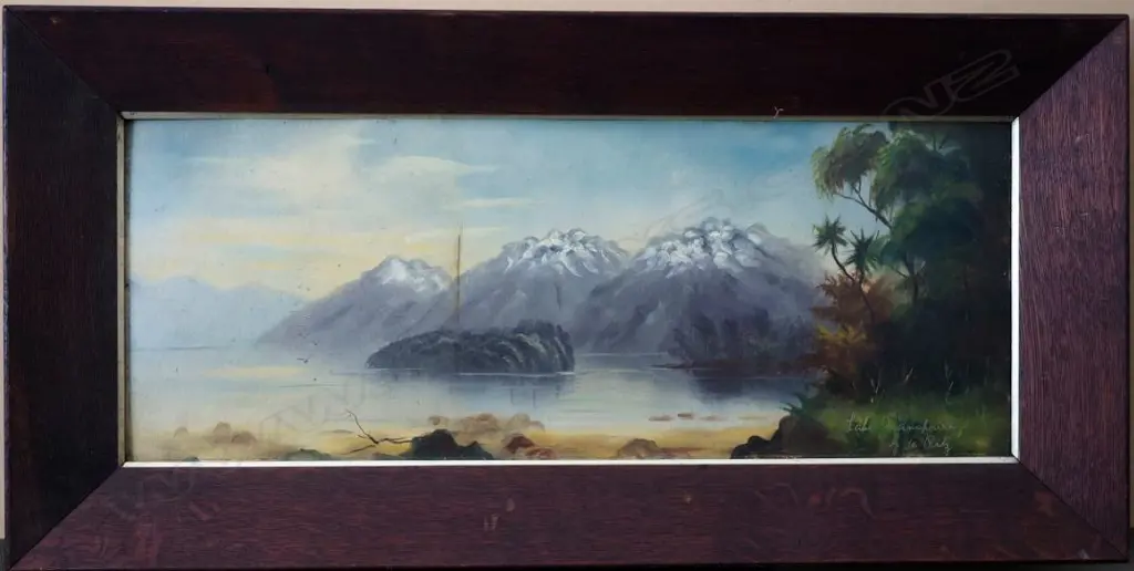DE RITZ, George (NZ 1875-1953), Lake Manapouri, Oil on board, signed, 230mm x 580mm Image 1++