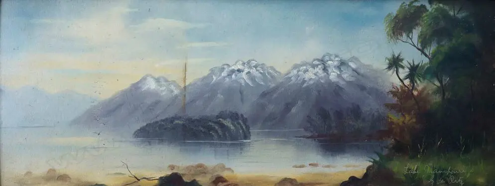 DE RITZ, George (NZ 1875-1953), Lake Manapouri, Oil on board, signed, 230mm x 580mm Image 1++