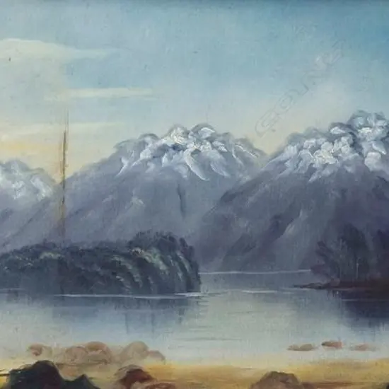 DE RITZ, George (NZ 1875-1953), Lake Manapouri, Oil on board, signed, 230mm x 580mm