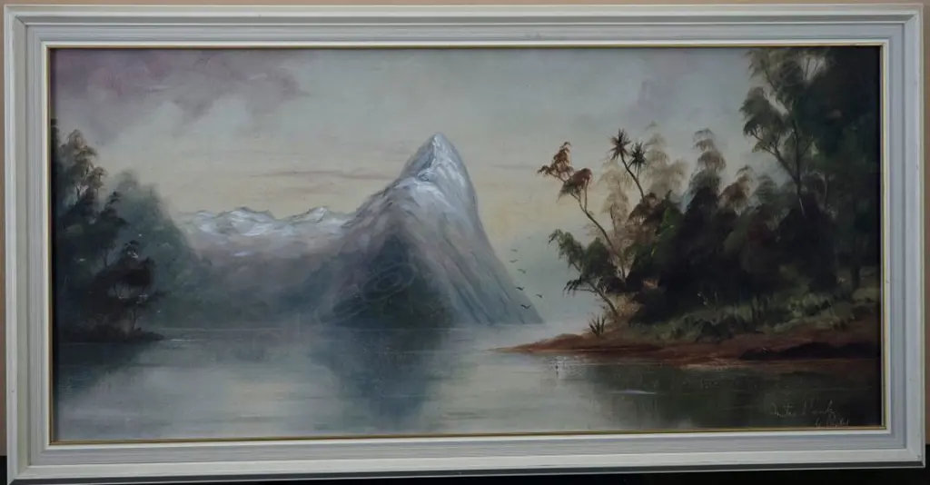 DE RITZ, George (NZ 1875-1953), Mitre Peak, South Island, Oil on board, signed, 330mm x 710mm Image 1++