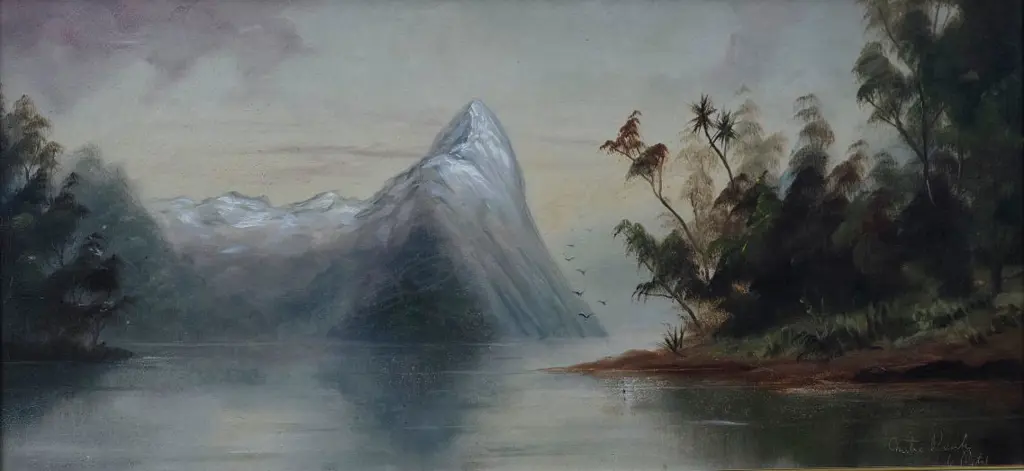 DE RITZ, George (NZ 1875-1953), Mitre Peak, South Island, Oil on board, signed, 330mm x 710mm Image 1++