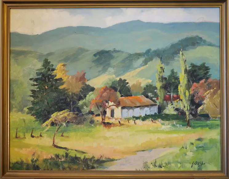 STAPLES, J. (NZ 20thC), Country Home in Hills, Oil on board, signed, 465mm x 590mm Image 1++