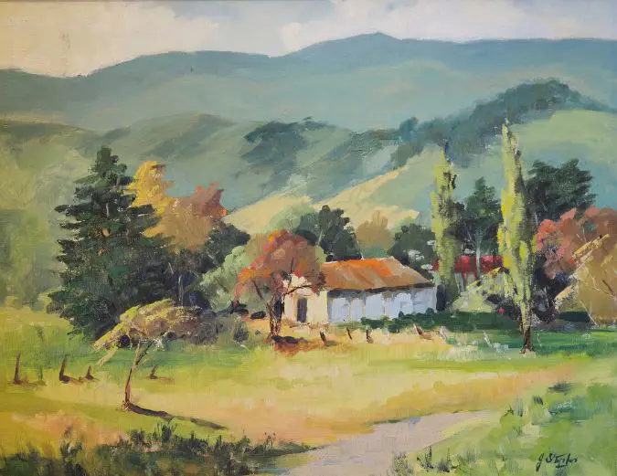STAPLES, J. (NZ 20thC), Country Home in Hills, Oil on board, signed, 465mm x 590mm Image 1++
