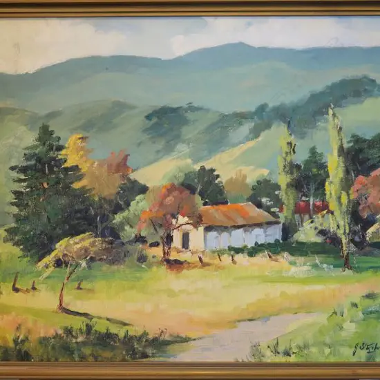 STAPLES, J. (NZ 20thC), Country Home in Hills, Oil on board, signed, 465mm x 590mm