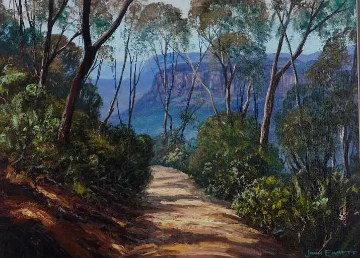 EMMETT, John (AUS 1927-), A Cliff Walk, Acrylic on paper, signed, 290mm x 390mm Image 1++