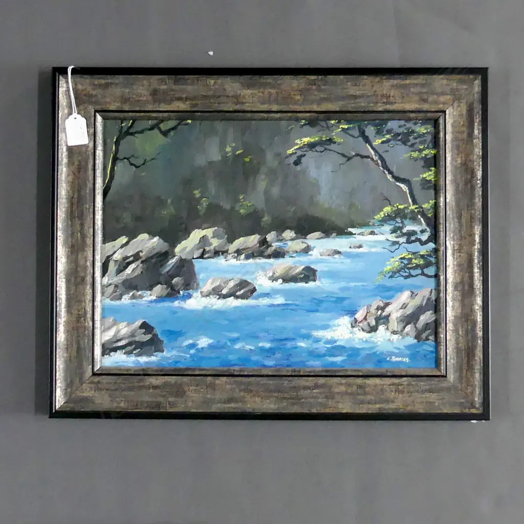 THOMAS, E. (NZ 20thC), Hollyford River, Oil on board, signed & dated 1985, 290mm x 390mm Image 1++