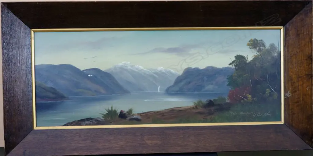 WREN, Paul (NZ 1875-1953), Lake Manapouri, Oil on board, signed, 250mm x 620mm Image 1++