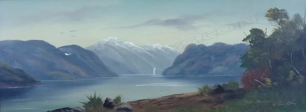 WREN, Paul (NZ 1875-1953), Lake Manapouri, Oil on board, signed, 250mm x 620mm Image 1++