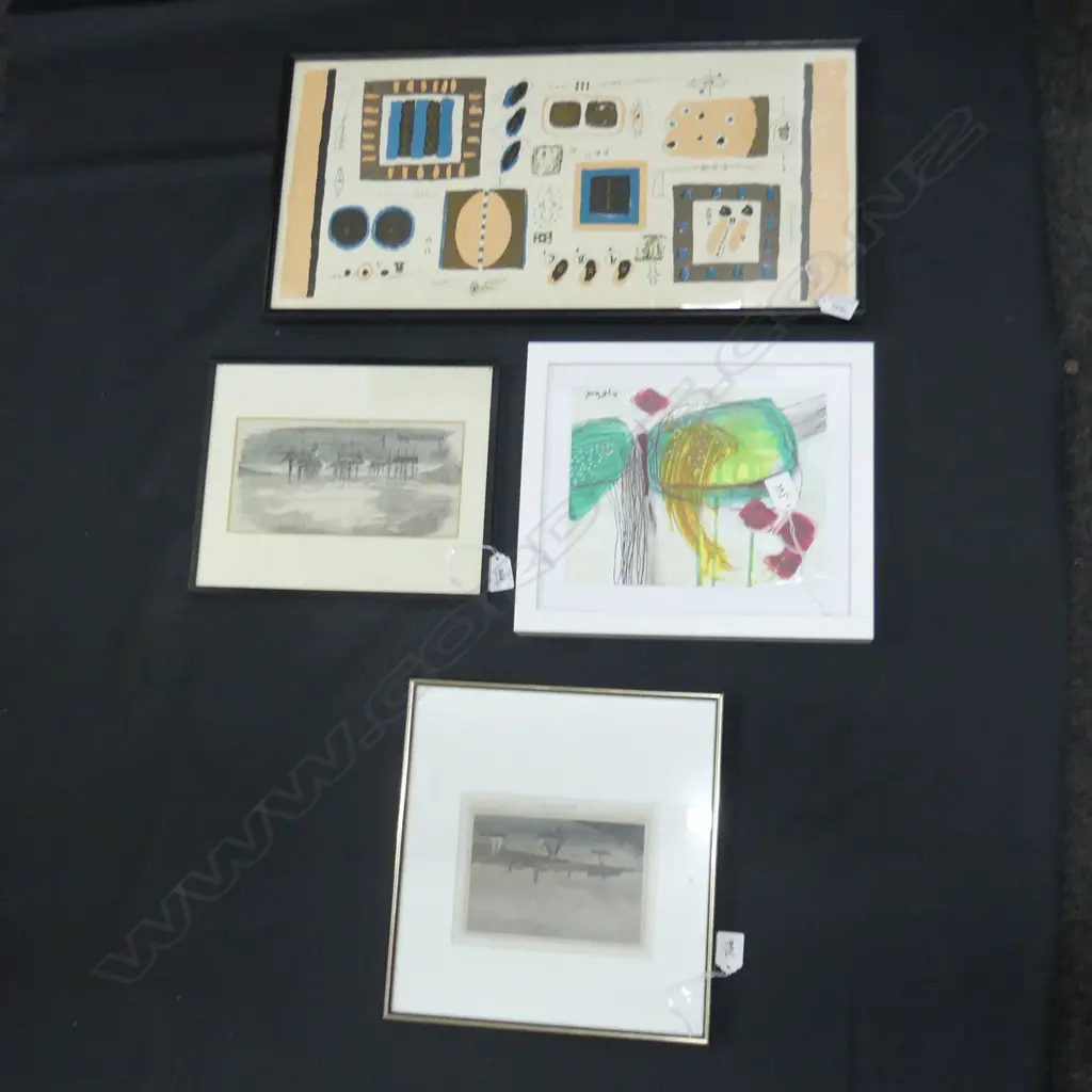 4 ARTWORKS; 3 PRINTS (2 ETCHINGS + ABSTRACT 280x590mm) + SIGNED ACRYLIC 190x240mm Image 1++