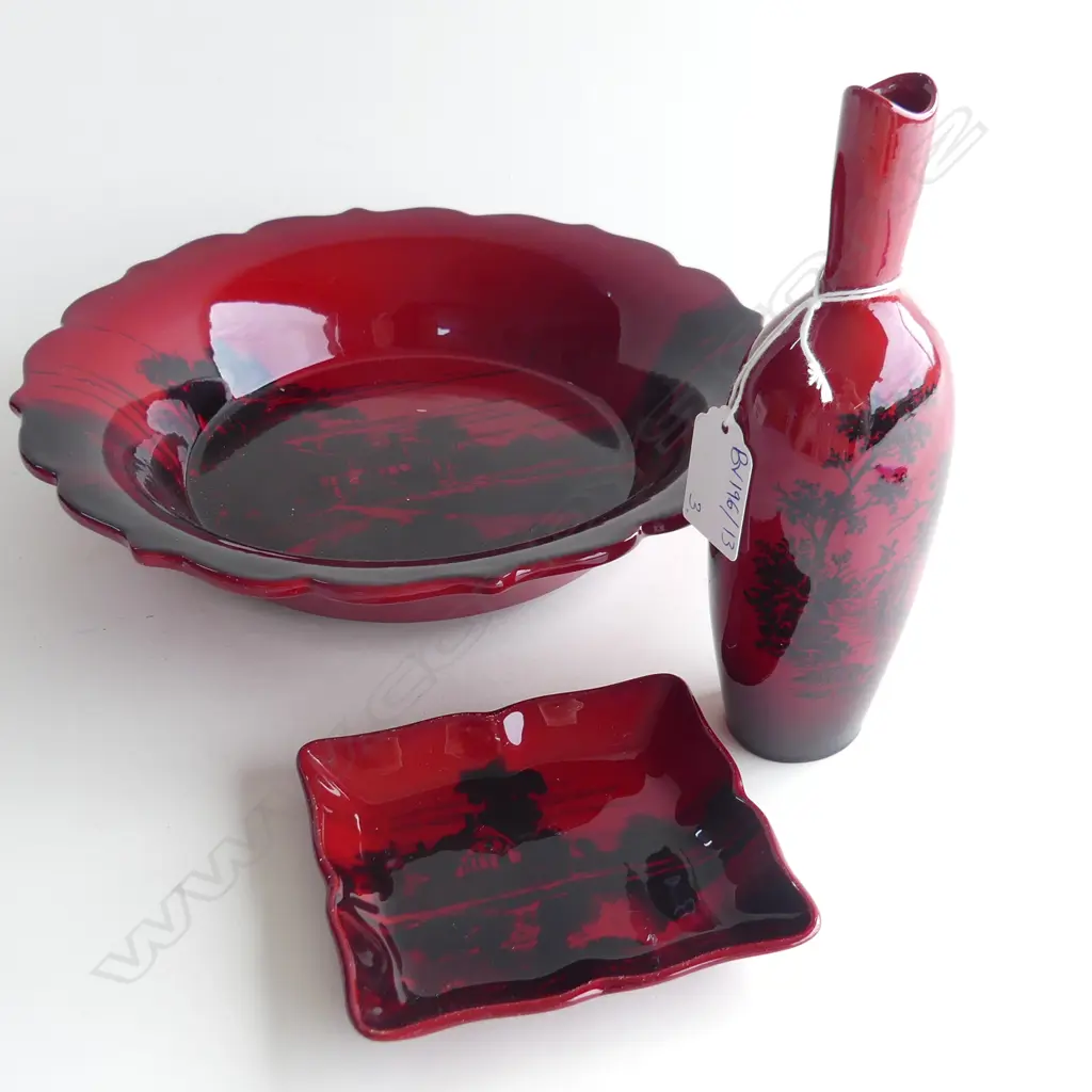 3 PCES ROYAL DOULTON FLAMBE; BOWL SIGNED FM 250mm dia, VASE H.185mm, PIN DISH SIGNED FM 110x95mm... Image 1++