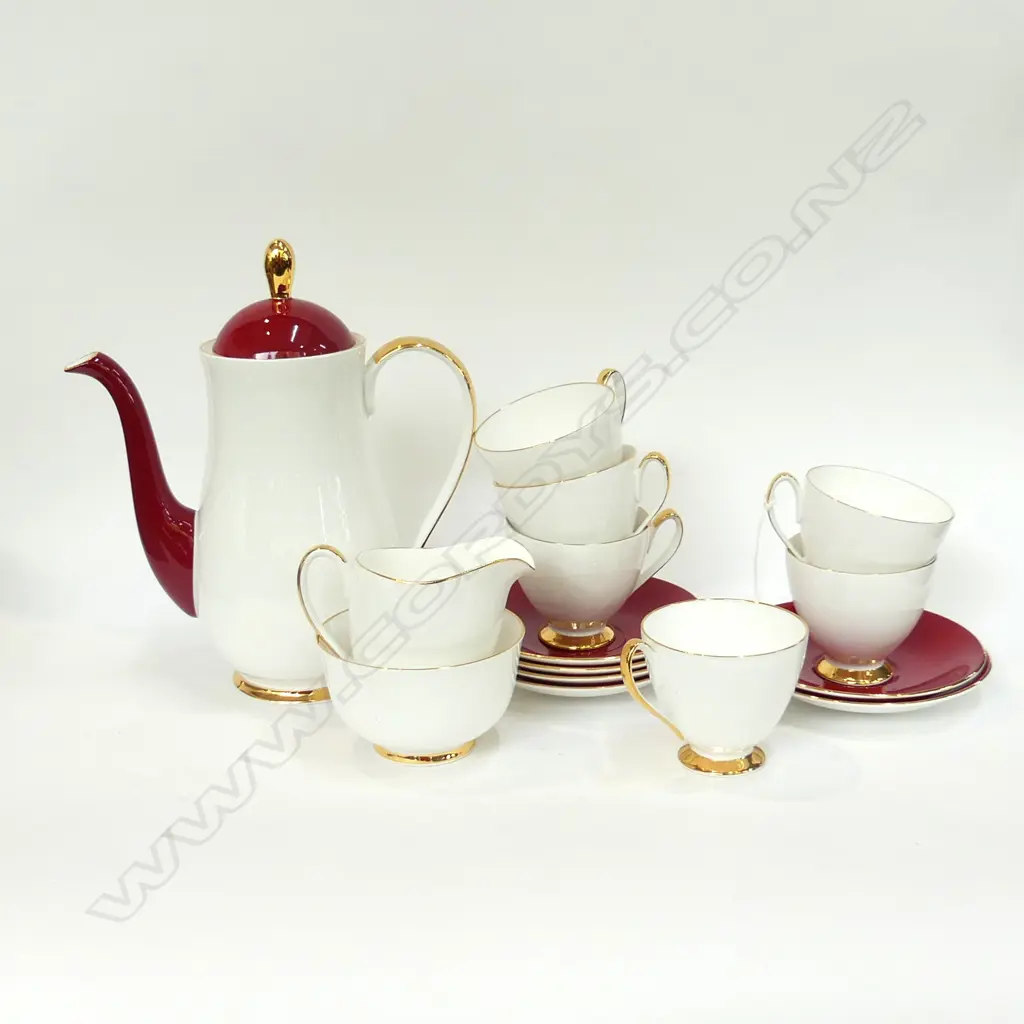 QUEEN ANNE 'SHOWGIRL' 15PC DEMITASSE COFFEE SET; 6 C&S, COFFEE POT, JUG & BOWL Image 1++