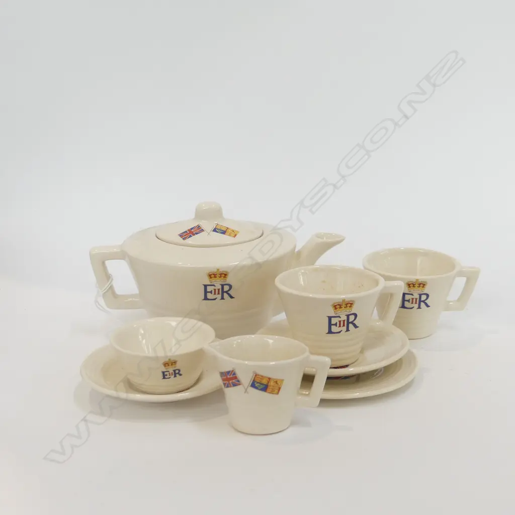 MINIATURE BRITISH 1953 CORONATION TEASET; TEAPOT, 2 C&S, PLATE, JUG & BOWL Image 1++