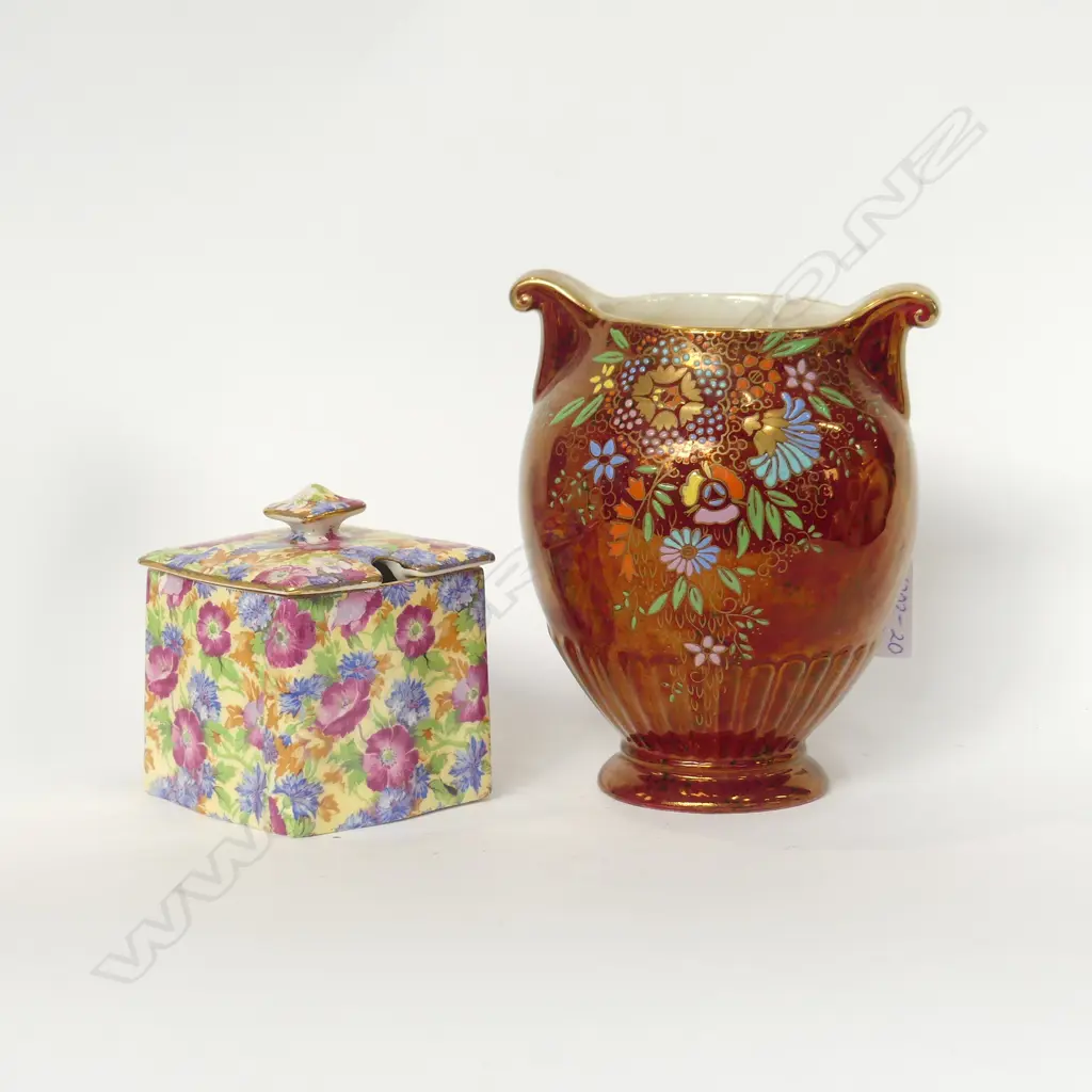 ROYAL WINTON AOF JAM POT & LID + CROWN DEVON ENAMELLED & GILDED VASE H. 140MM Image 1++