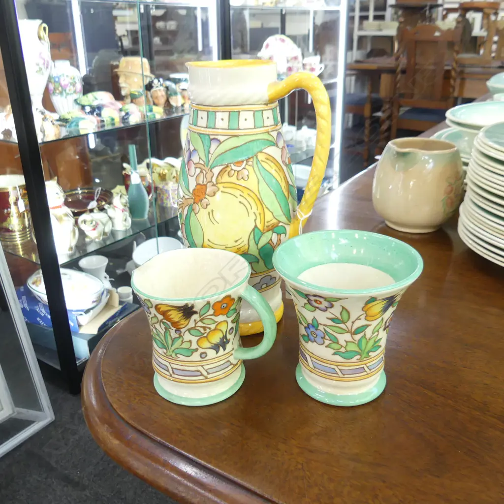 3 PCS CHARLOTTE RHEAD, BURSLEY WARE, 2 JUGS ( 240 & 100MM) & VASE (H110MM) Image 1++